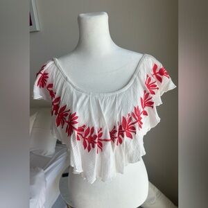 On or Off The Shoulder White Ruffle Top with Red Floral